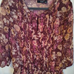 a.n.a Plum Floral Pintuck Blouse with Pink and Mustard Accents